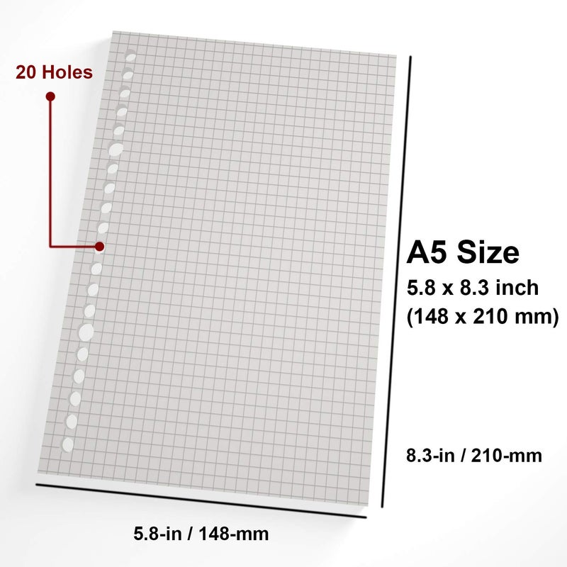 nctinystore 20-Hole Ring Binder Loose Leaf Paper, A5 Filler Paper Grid (180 Sheets - 360 Pages, Grid) - Image 2